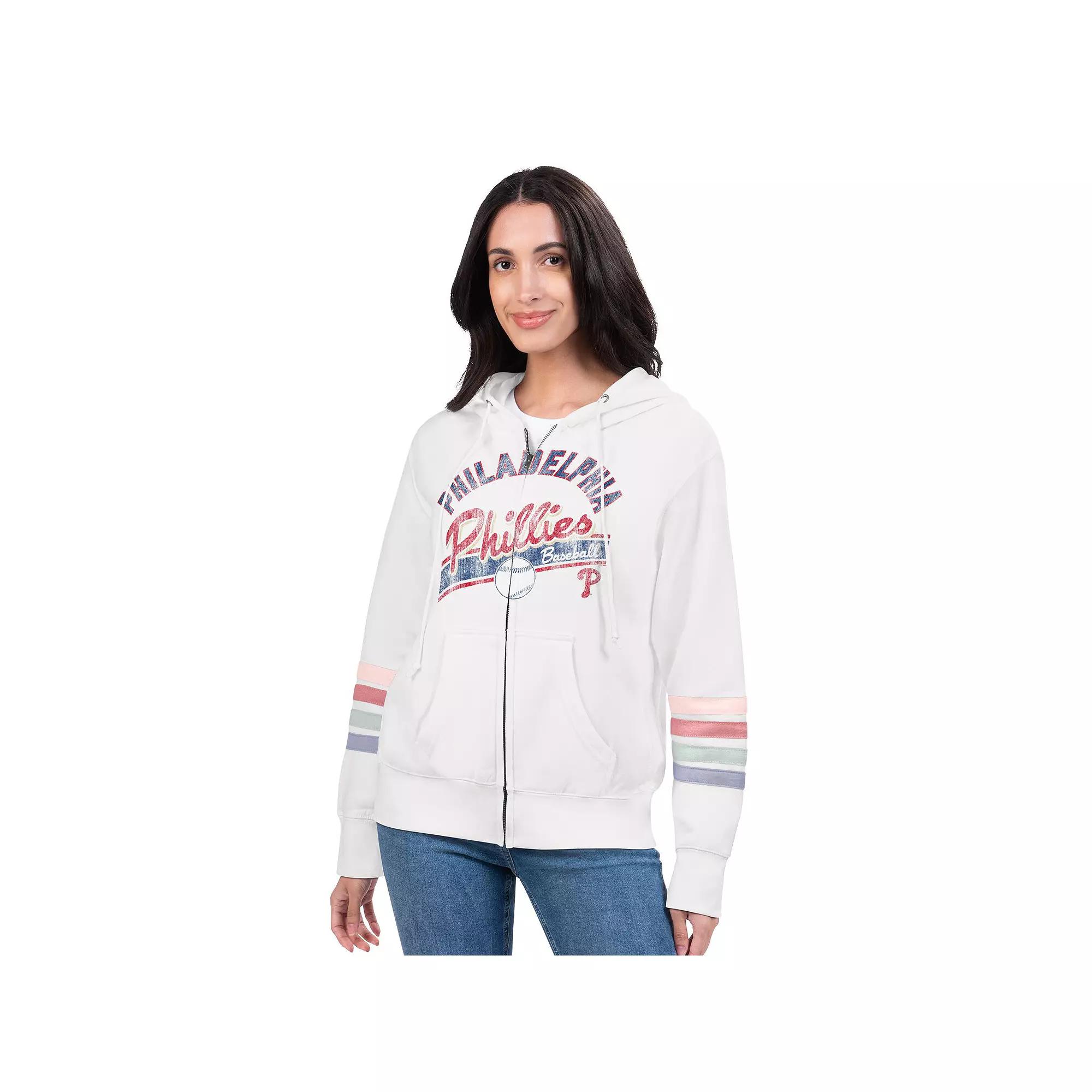Women's G-III 4Her by Carl Banks White Philadelphia Phillies Naamah Sleeve Stripe Fleece Full-Zip Hoodie,  Product Image