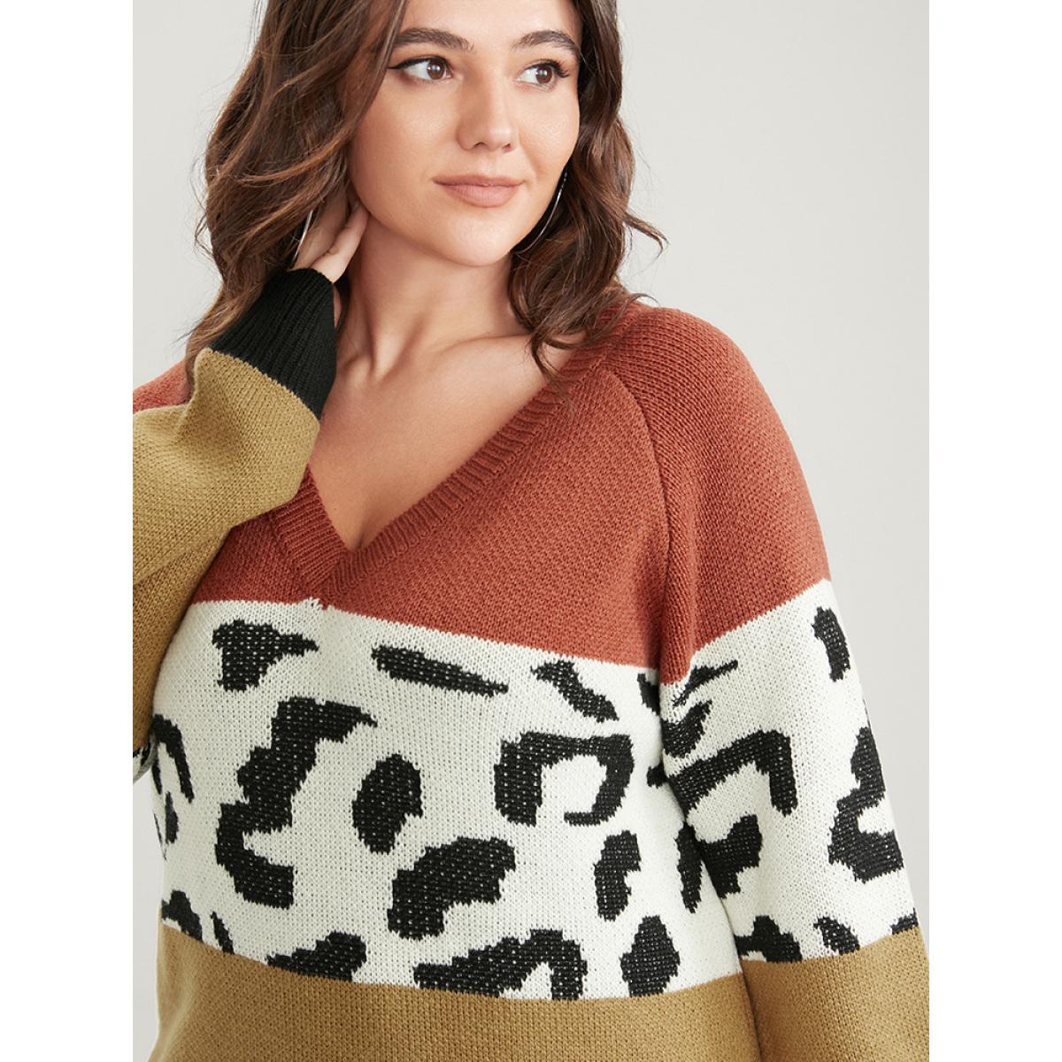 Plus Size Leopard Colorblock Contrast Pointelle Knit V Neck Knit Top Multicolor Women Casual Loose Long Sleeve V-neck Dailywear Pullovers BloomChic 18-20/2X Product Image