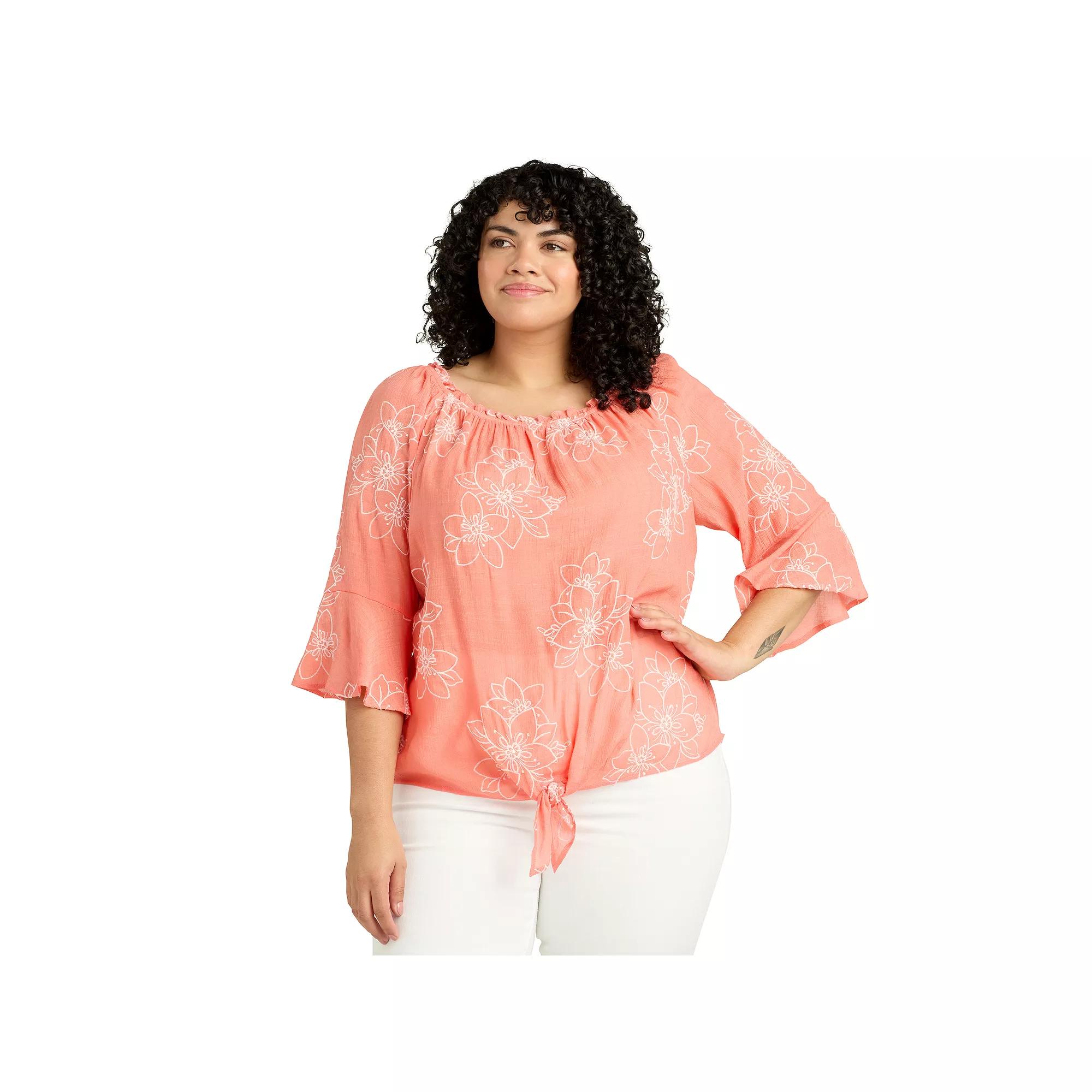 Plus Size AB Studio Off-The-Shoulder Bell Sleeve Top, Womens Guava White Floral Product Image