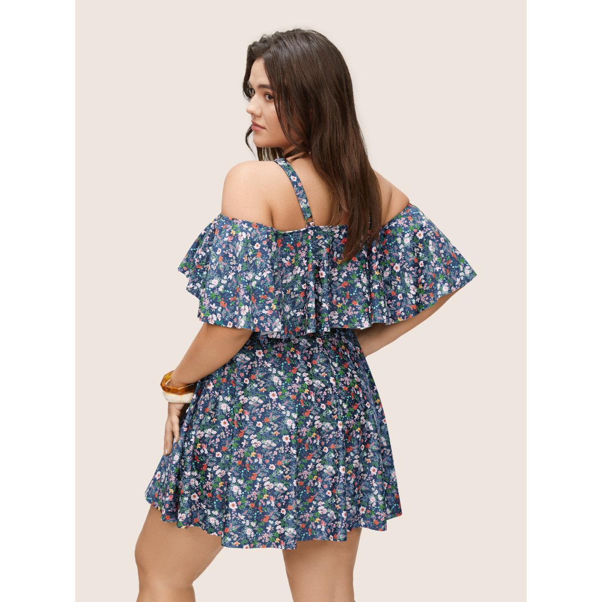 Plus Size Ditsy Floral Ruffles Cold Shoulder Swim Dress Women's Swimwear Indigo Beach Bodycon One-shoulder neck High stretch Curve Swim Dresses BloomChic 28/5X Product Image