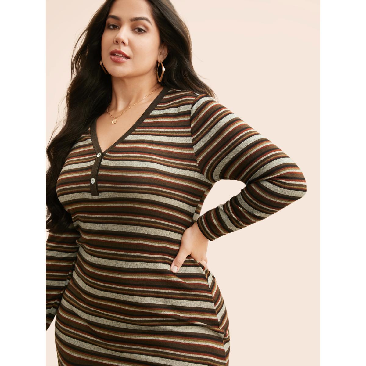 Plus Size Contrast Striped Split Hem Knit Dress Multicolor Women Casual Button Knit Dresses Bloomchic 26/4X Product Image