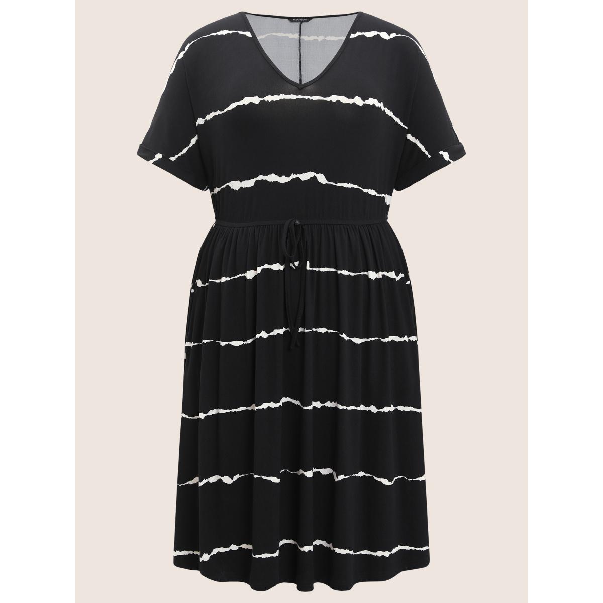 Plus Size Tie Dye Roll Dolman Sleeve Pocket Gathered Knot Striped Dress Black Women Casual Non V-neck Short sleeve Curvy Midi Dress BloomChic 10/M Product Image