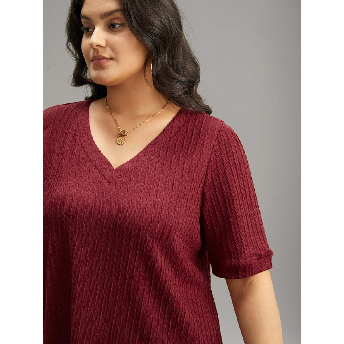 Plus Size Plain Texture V Neck Gathered Lantern Sleeve T-shirt Burgundy Women Casual Texture Plain V-neck Dailywear T-shirts BloomChic 22-24/3X Product Image