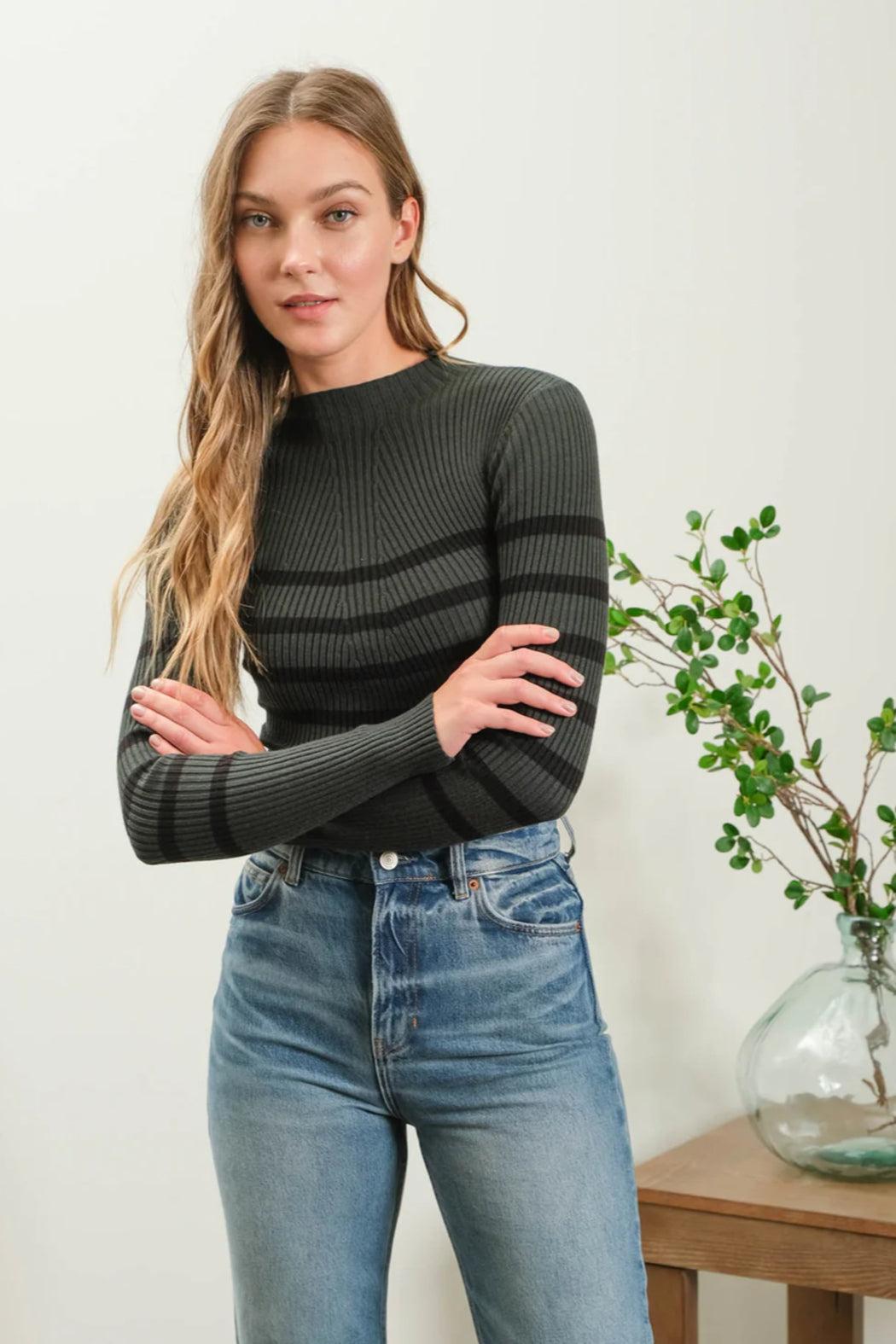 Stripe Mock Neck Long Sleeve Knit Sweater Product Image