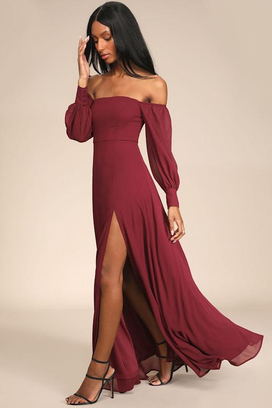Feel the Romance Burgundy Off-the-Shoulder Maxi Dress Product Image