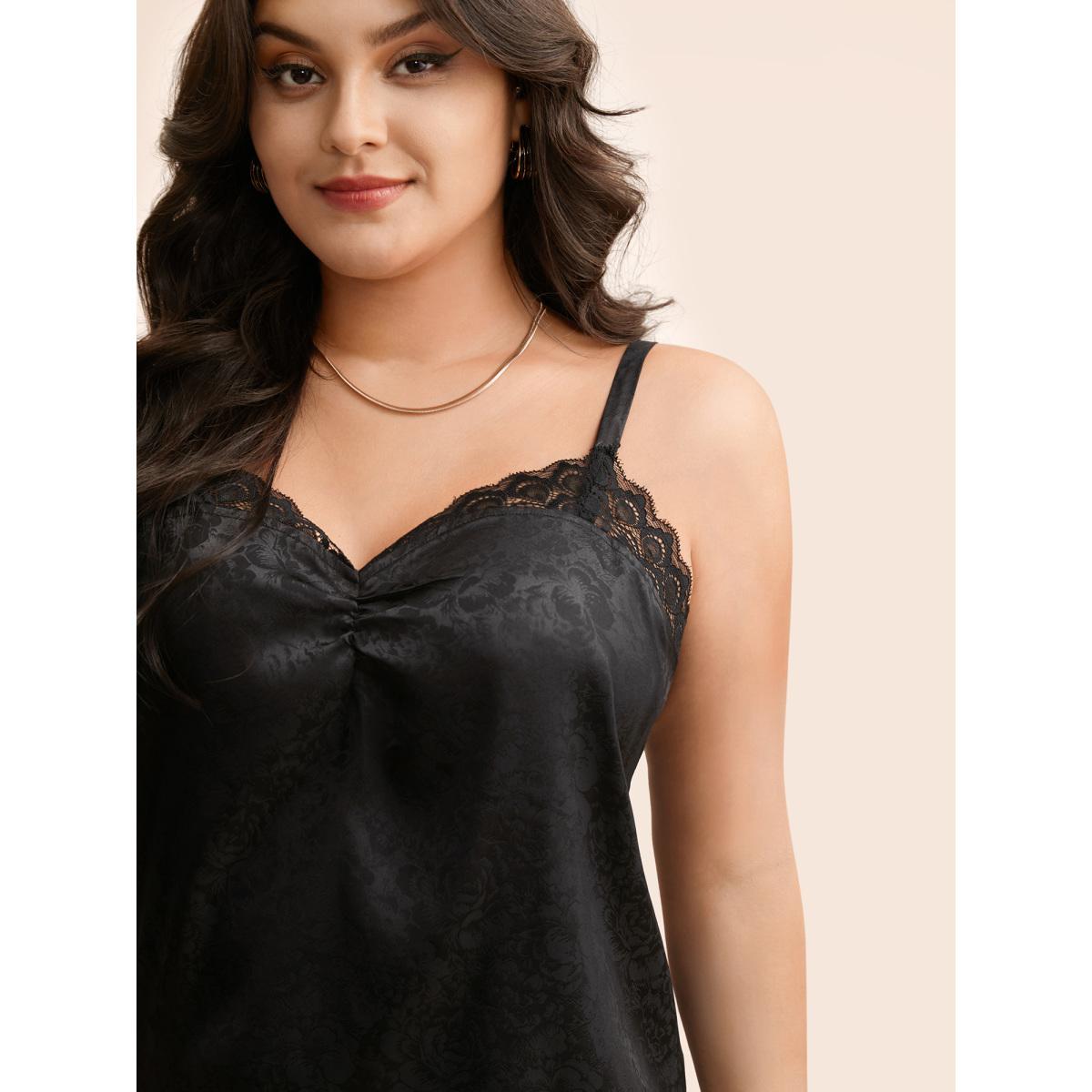 Plus Size Crochet Lace Gathered Cami Top Women Black Elegant Gathered V-neck Everyday Tank Tops Camis BloomChic 26/4X Product Image
