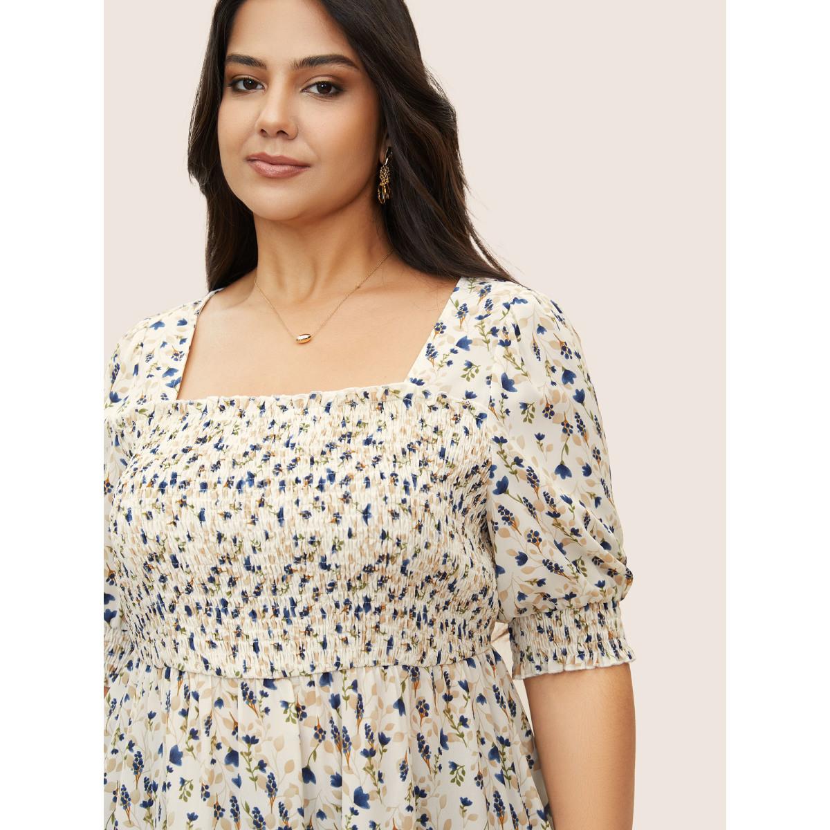 Plus Size Ivory Ditsy Floral Ruffles Shirred Puff Sleeve Blouse Women Elegant Half Sleeve Square Neck Everyday Blouses BloomChic 18-20/2X Product Image