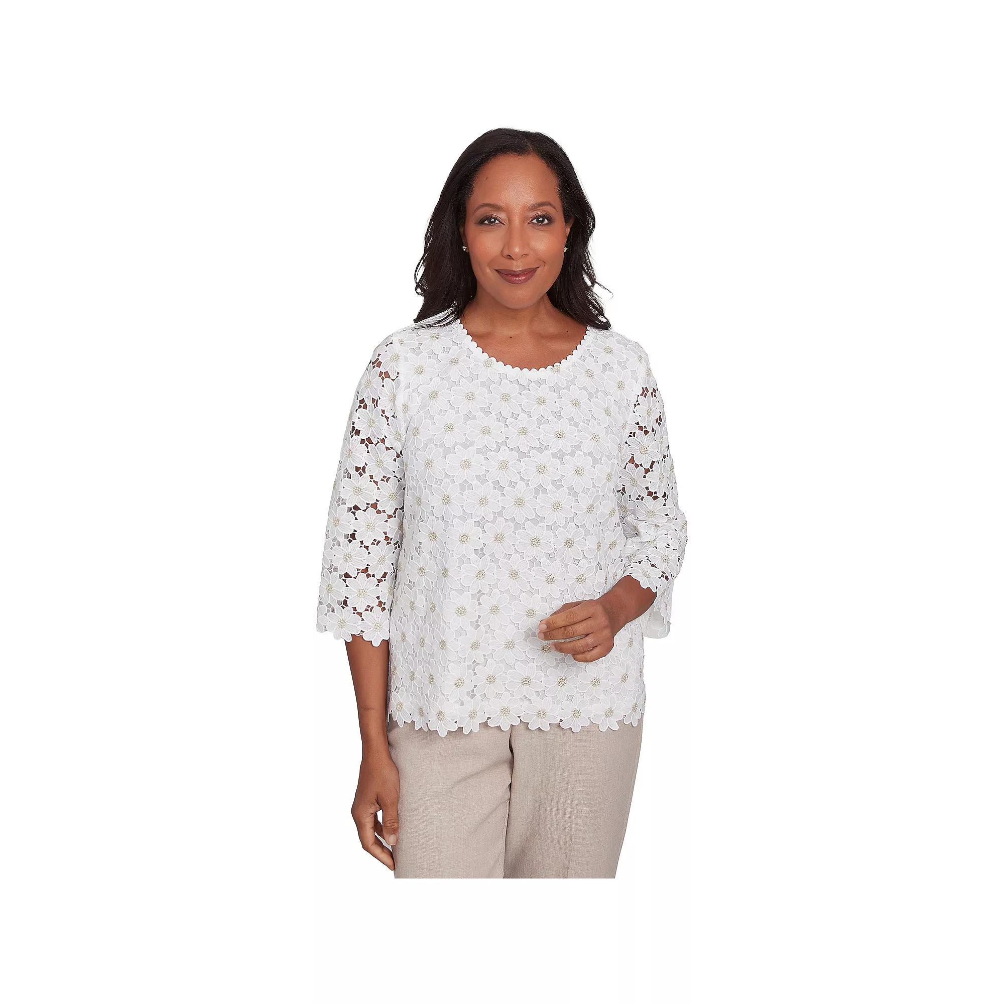 Women's Alfred Dunner Daisy Woven Lace Crewneck Top, Size: Large, Ivory Product Image