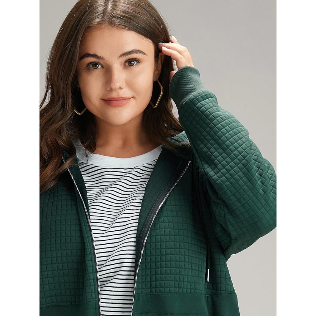 Plus Size Plain Texture Pocket Zipper, Sweatshirt Women DarkGreen Casual Elastic cuffs Hooded Dailywear Sweatshirts BloomChic 26/4X Product Image