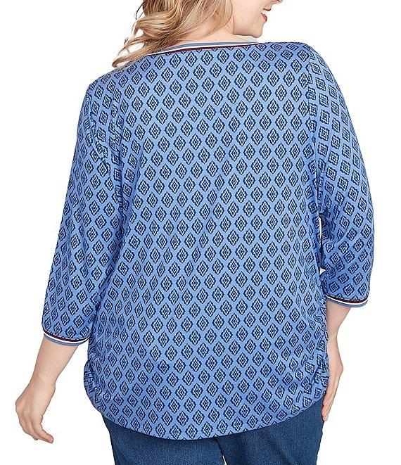 Ruby Rd. Plus Size Soft Stretch Jersey Printed Crew Neck 3/4 Sleeve Stripe-Tipped Trim Side Ruched Top Product Image