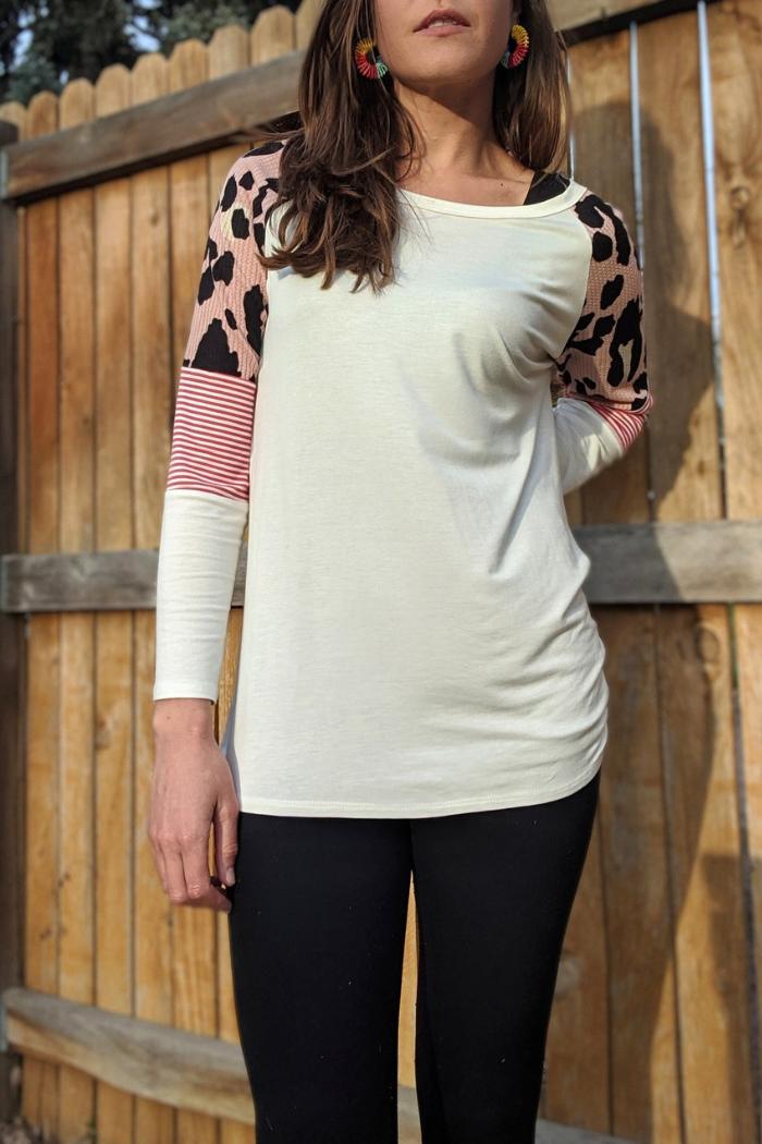 Long sleeve leopard color block Product Image