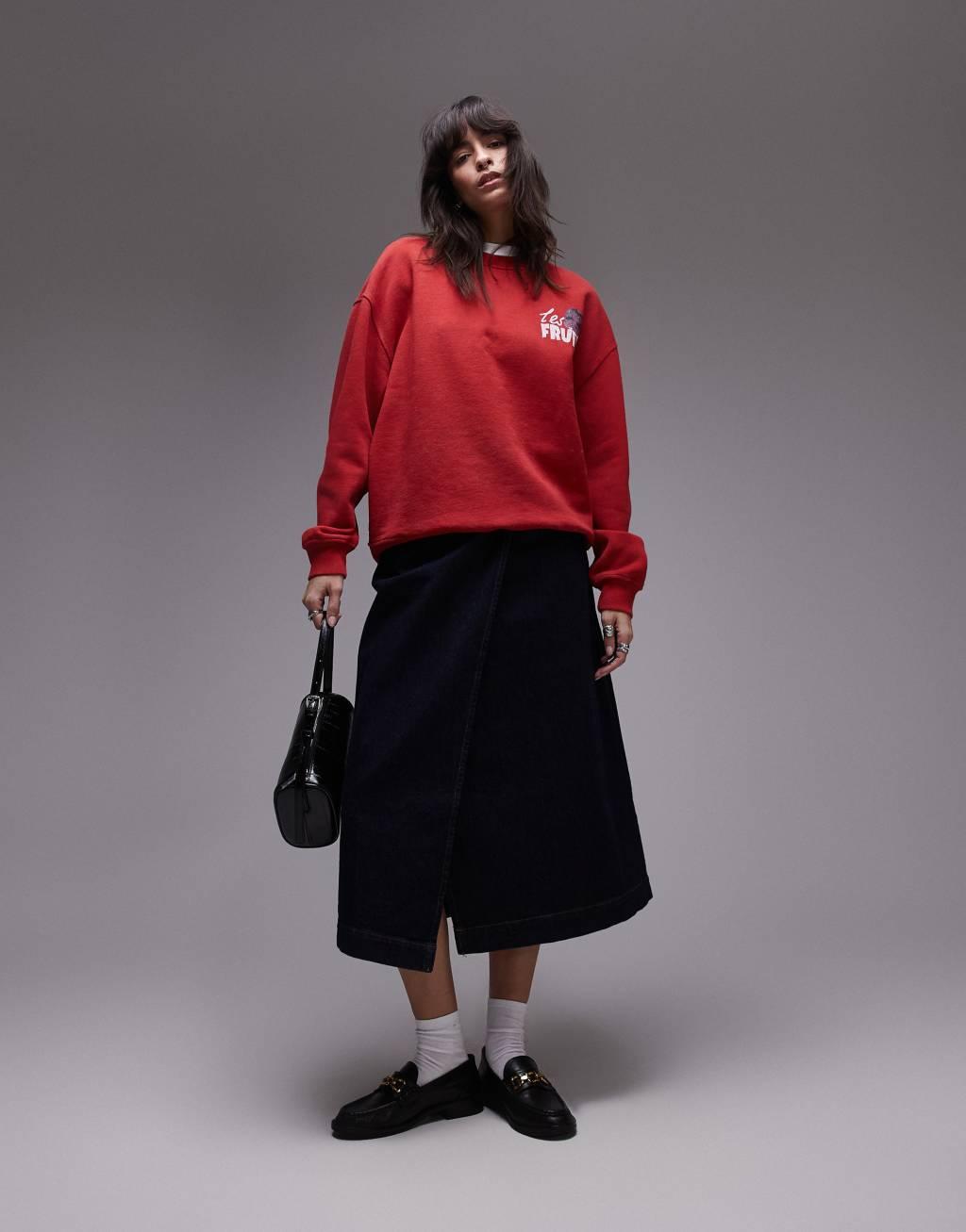 Topshop graphic les fruits oversized sweatshirt in red Product Image