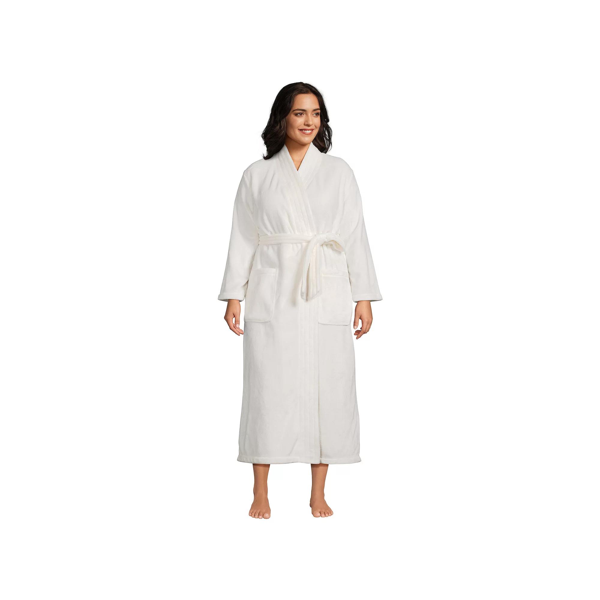 Plus Size Lands' End Women's Cozy Plush Long Wrap Robe, Size: 1XL, Ivory Product Image