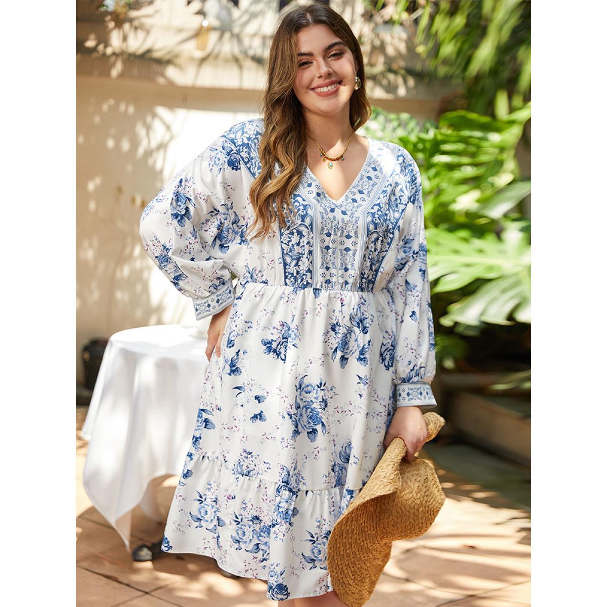 Plus Size Floral Print Lantern Sleeve Pocket Ruffle Dress Stone Women Vacation Printed V-neck Long Sleeve Curvy Midi Dress BloomChic 30/6X Product Image