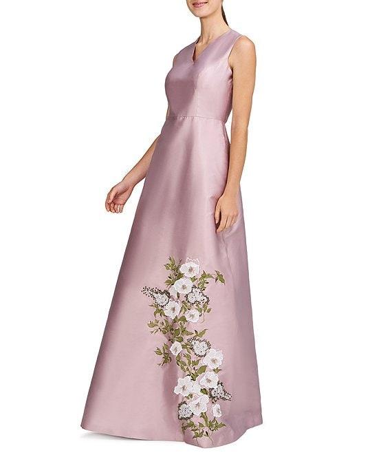 Kay Unger Mikado Placement Floral Print V Neck Sleeveless A-Line Gown Product Image
