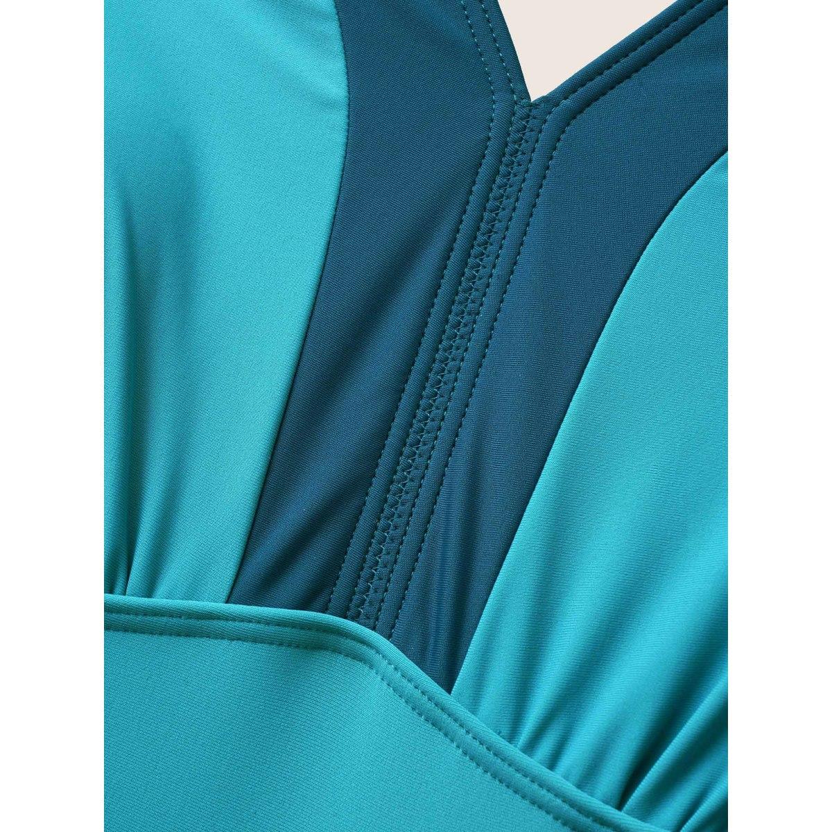 Plus Size V Neck Patchwork Contrast Gathered Swim Dress Women's Swimwear Emerald Beach Bodycon V-neck High stretch Curve Swim Dresses BloomChic 26/4X Product Image