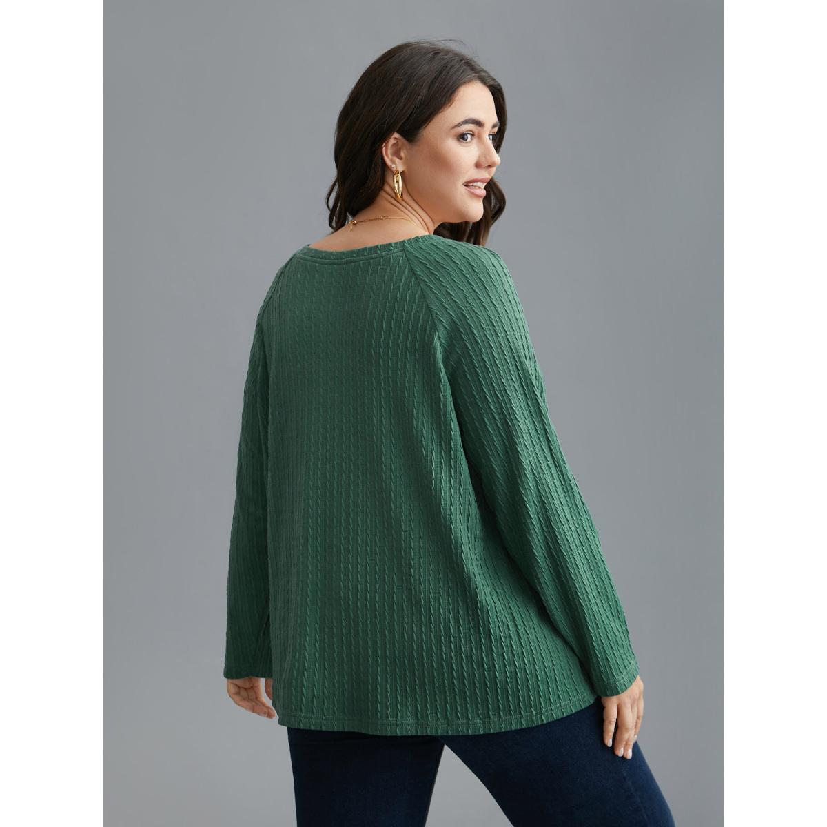 Plus Size Textured Elastic Raglan Sleeves T-shirt Emerald Women Casual Texture Round Neck Everyday T-shirts BloomChic 14-16/1X Product Image