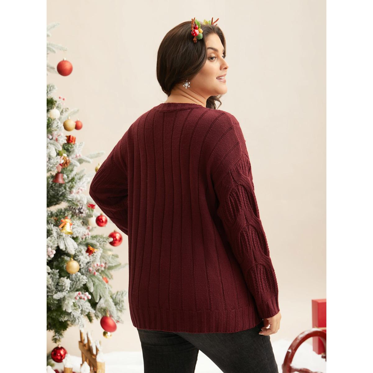 Plus Size Tis The Season Motifs Cable Knit Pullover Scarlet Women Casual Loose Long Sleeve Round Neck Everyday Pullovers BloomChic 18-20/2X Product Image
