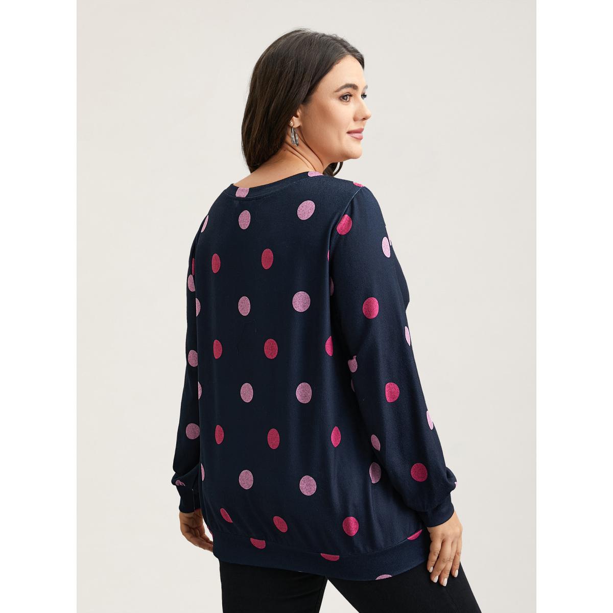 Plus Size Polka Dots Round Neck Fitted Sweatshirt Women Midnight Casual Contrast Round Neck Everyday Sweatshirts BloomChic 30/6X Product Image