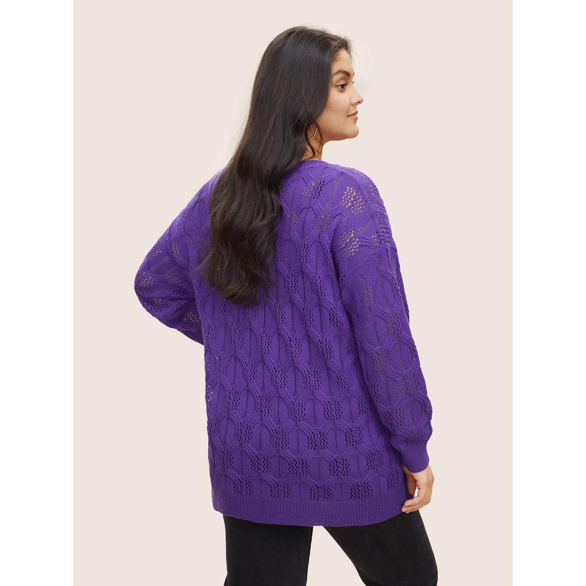 Plus Size Plain Drop Shoulder Geometric Hollow Out Pullover Purple Women Casual Long Sleeve Round Neck Everyday Pullovers BloomChic 22-24/3X Product Image