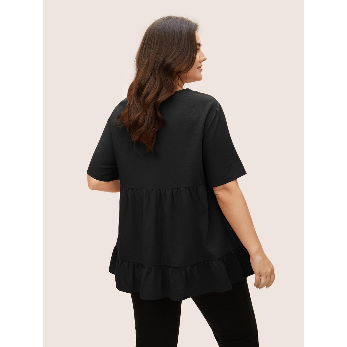 Plus Size Black Solid Crew Neck Ruffle Hem Blouse Women Casual Short sleeve Round Neck Everyday Blouses BloomChic 22-24/3X Product Image