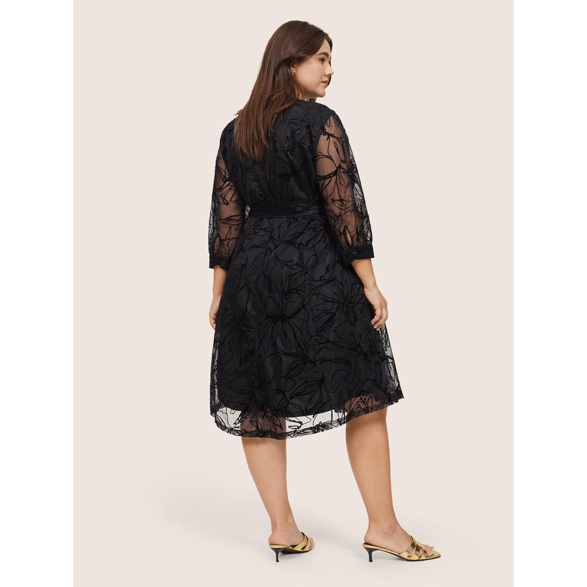 Plus Size Floral Flocked Tulle Belted Dress Black Women Glamour Wrap Overlap Collar Elbow-length sleeve Curvy Knee Dress BloomChic 18-20/2X Product Image