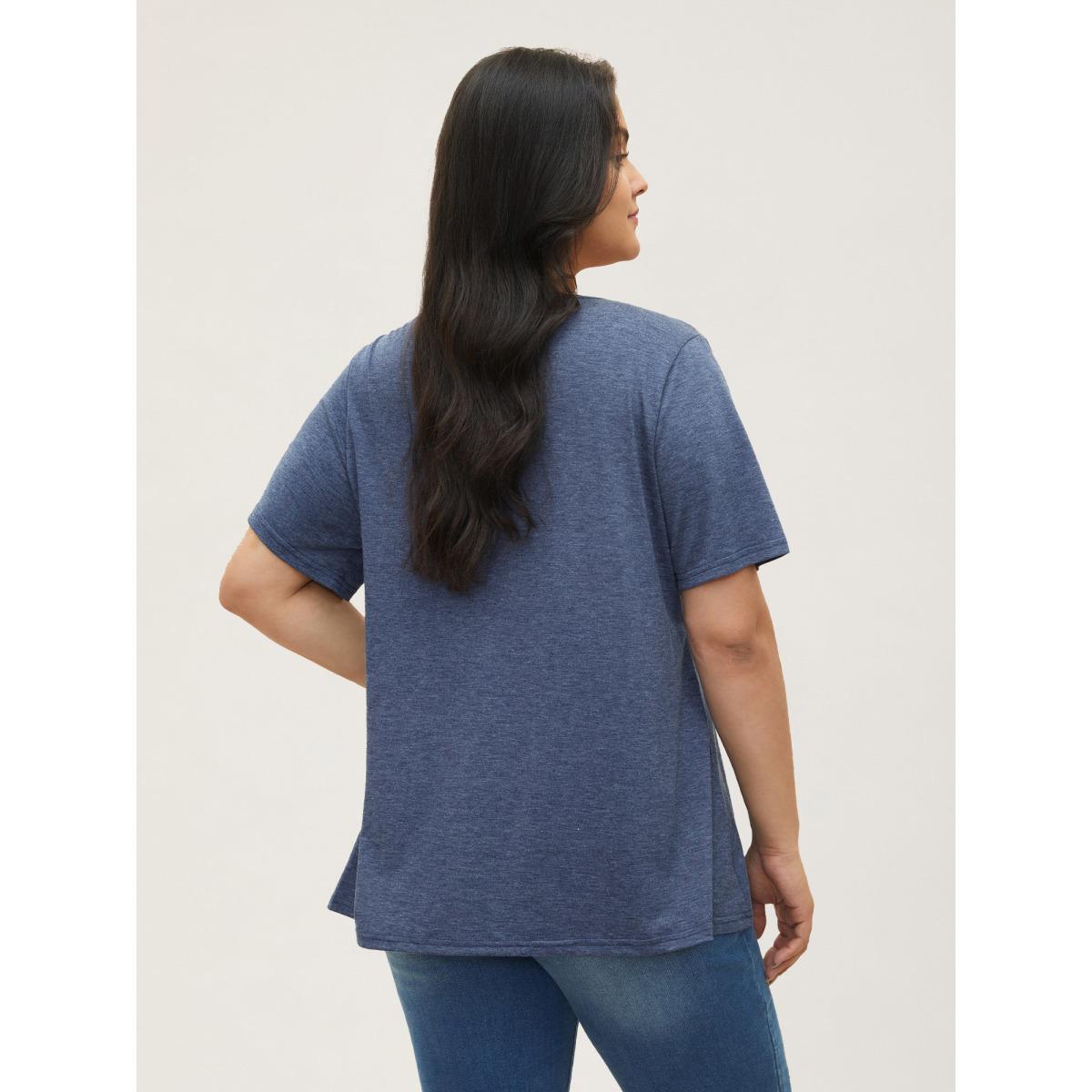 Plus Size Solid Pleated Front Button Detail V Neck T-shirt Stone Women Casual Button Plain Everyday T-shirts BloomChic 10/M Product Image
