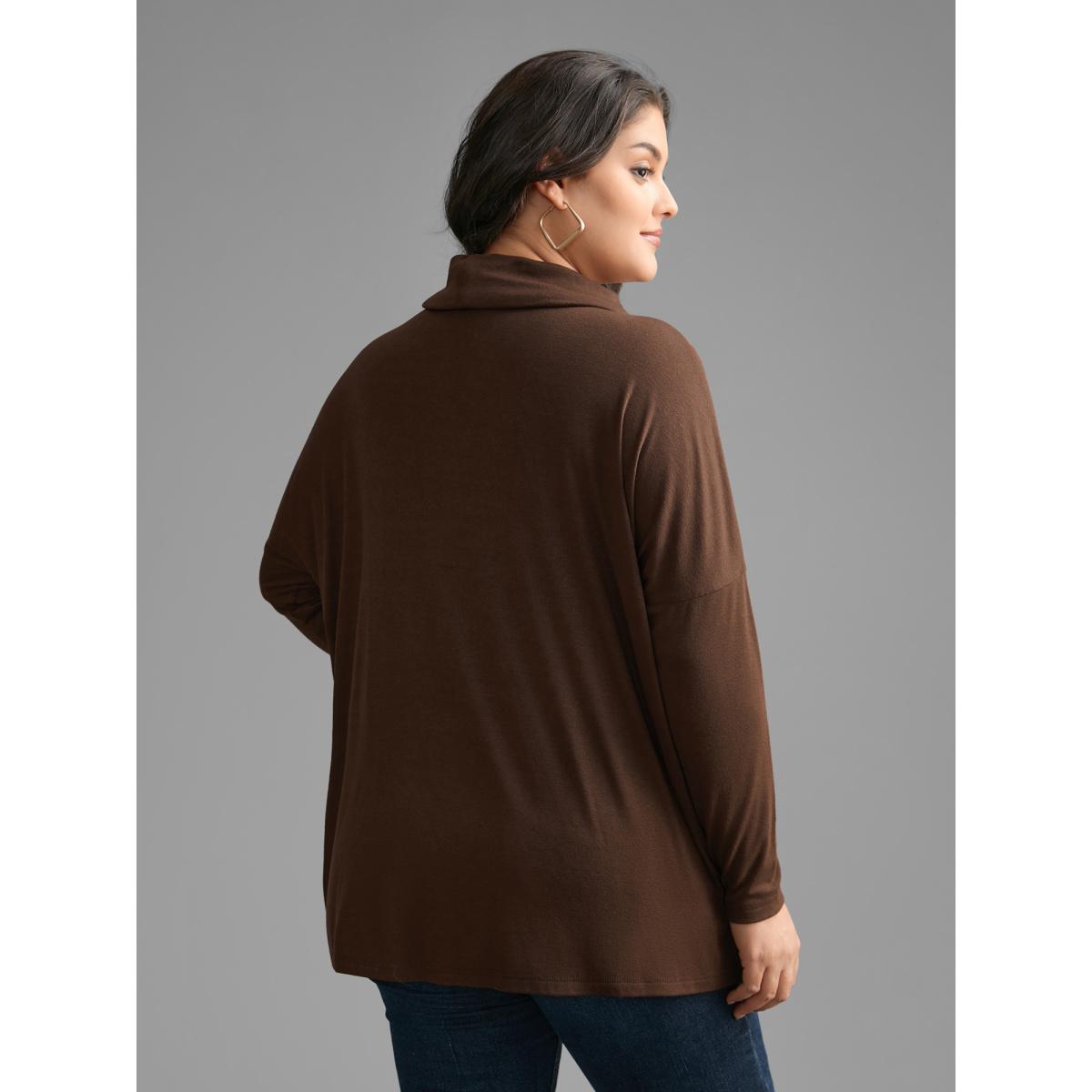 Plus Size Turtleneck Dolman Sleeve Split Hem T-shirt Browncoffeecolor Women Leisure Slit Ruffled collar Loose Casual T-shirts BloomChic 30/6X Product Image