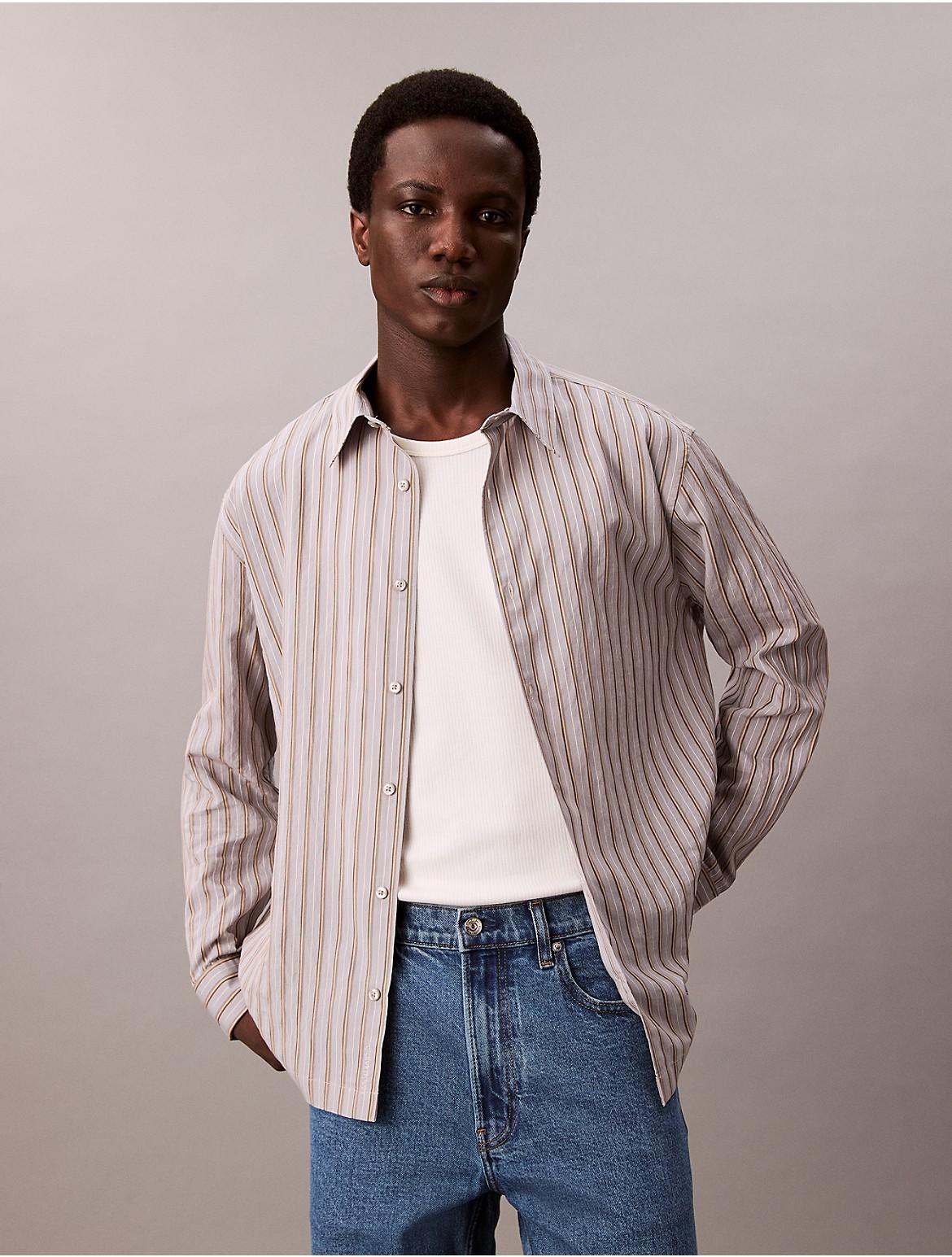 Calvin Klein Mens Viscose Nylon Blend Stripe Relaxed Button-Down Shirt - White Product Image