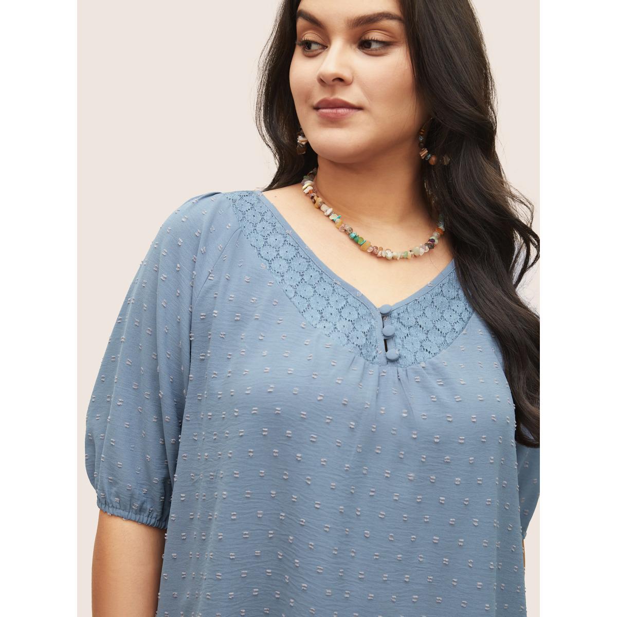 Plus Size Stone Plain Texture Lace Patchwork Lantern Sleeve Blouse Women Elegant Half Sleeve V-neck Everyday Blouses BloomChic 14-16/1X Product Image