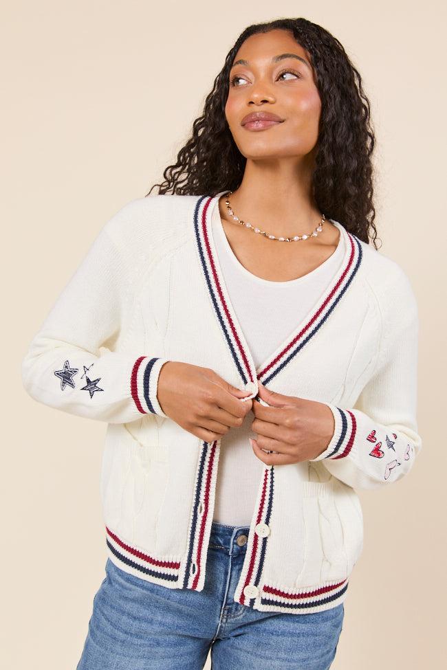 Brie Striped Trim Varsity Long Sleeve Cardigan FINAL SALE Product Image