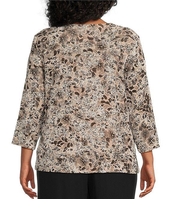 Alex Evenings Plus Size Crew Neck 3/4 Sleeve Glitter Slinky Printed Twinset Product Image