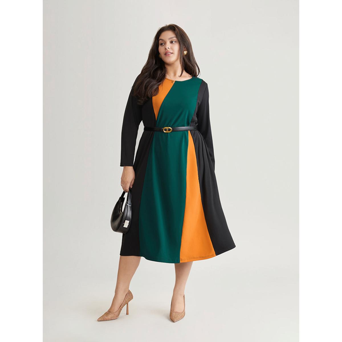 Plus Size Contrast Colorblock Pocket Long Sleeve Dress Green Women At the Office Belted Round Neck Long Sleeve Curvy Midi Dress BloomChic 22-24/3X Product Image