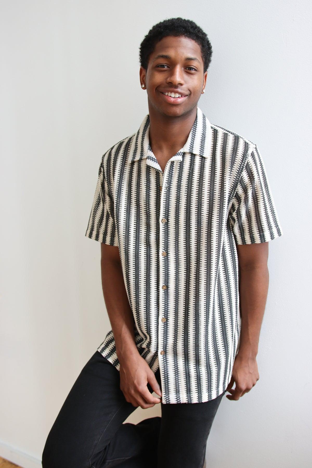 Lightweight Striped Open Knit Button Up Shirt Product Image