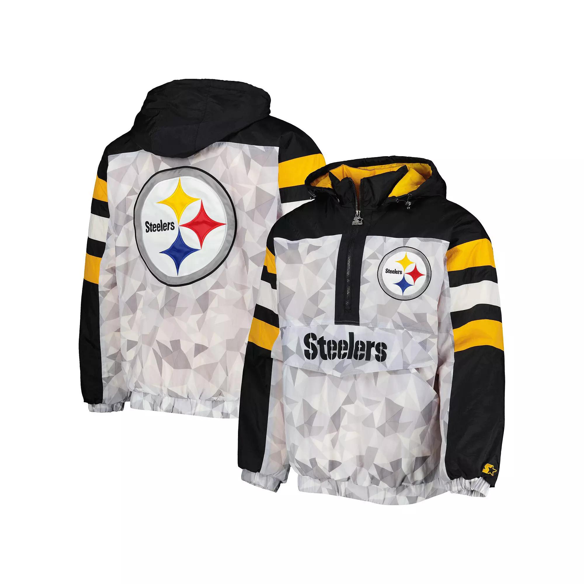 Men's Starter White/Black Pittsburgh Steelers Thursday Night Gridiron Raglan Half-Zip Hooded Jacket, Size: Medium Product Image
