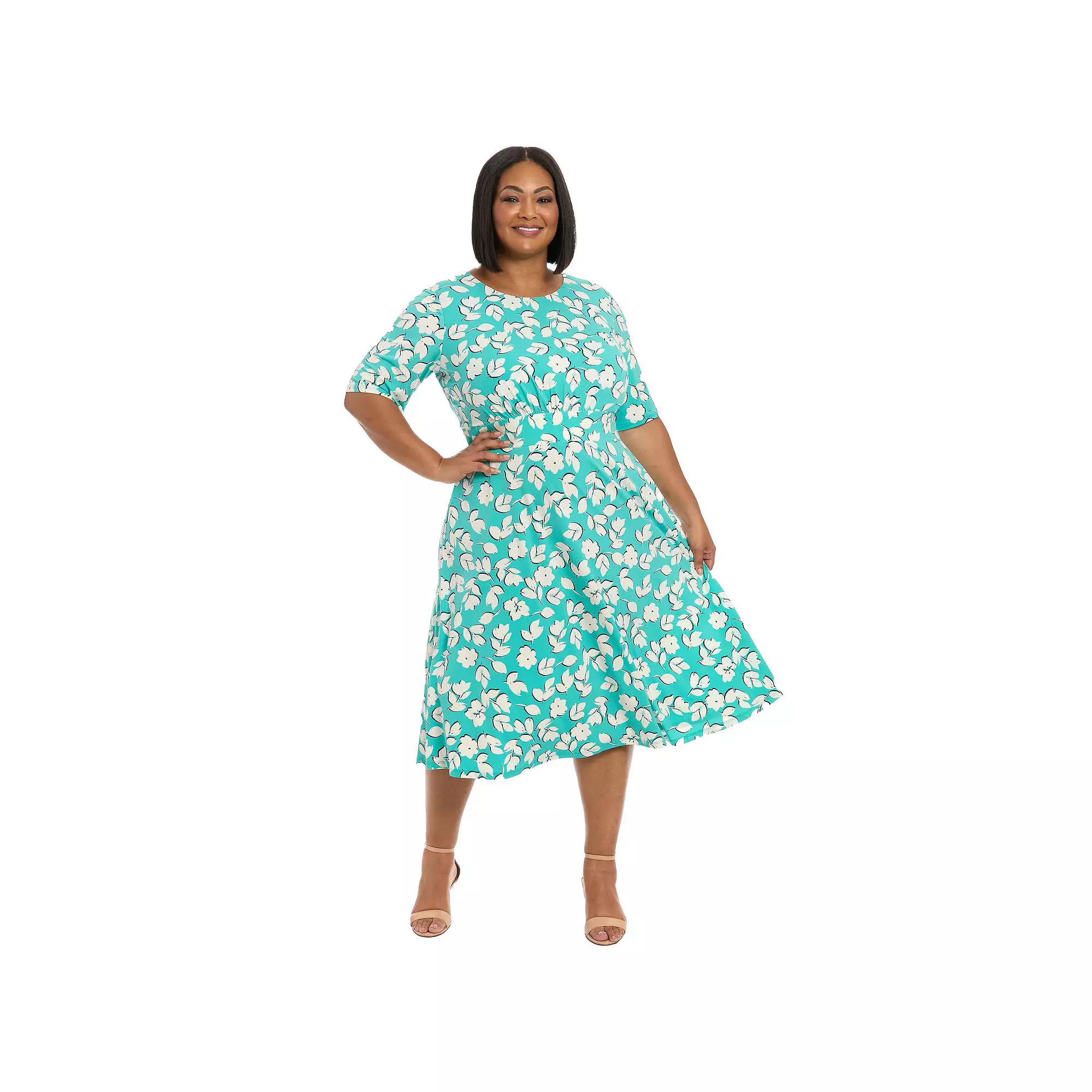 Plus Size London Times Floral Print Elbow Sleeve Inset Waist Midi Dress, Women's, Size: 14 W, Aqua Ivory Product Image