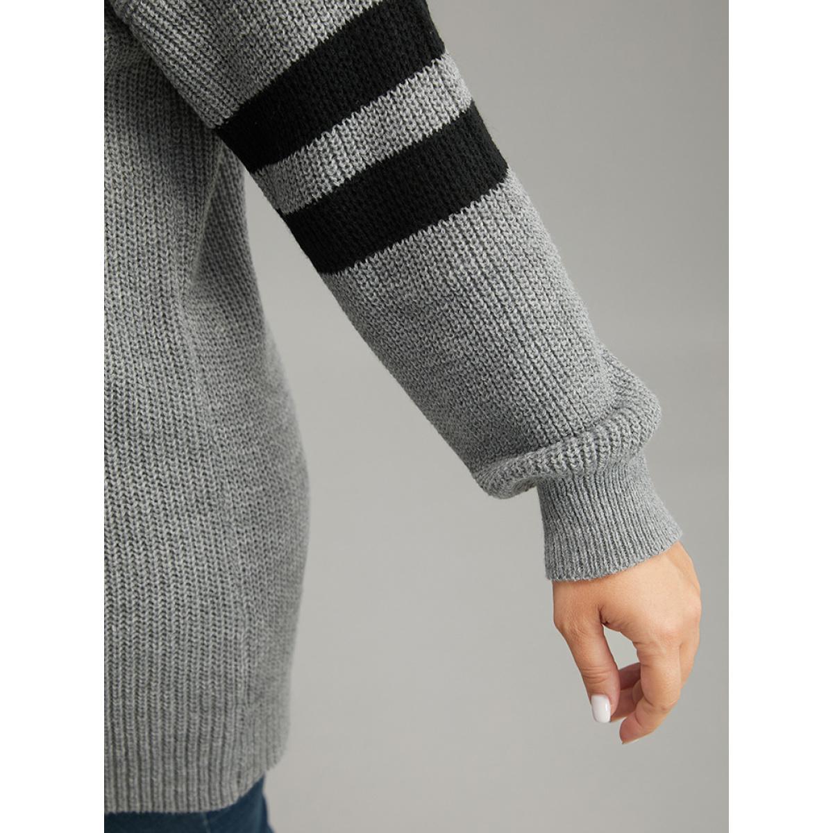 Plus Size Anti-Pilling Striped Button Detail Pullover DarkGray Women Casual Long Sleeve V-neck Dailywear Pullovers BloomChic 26/4X Product Image