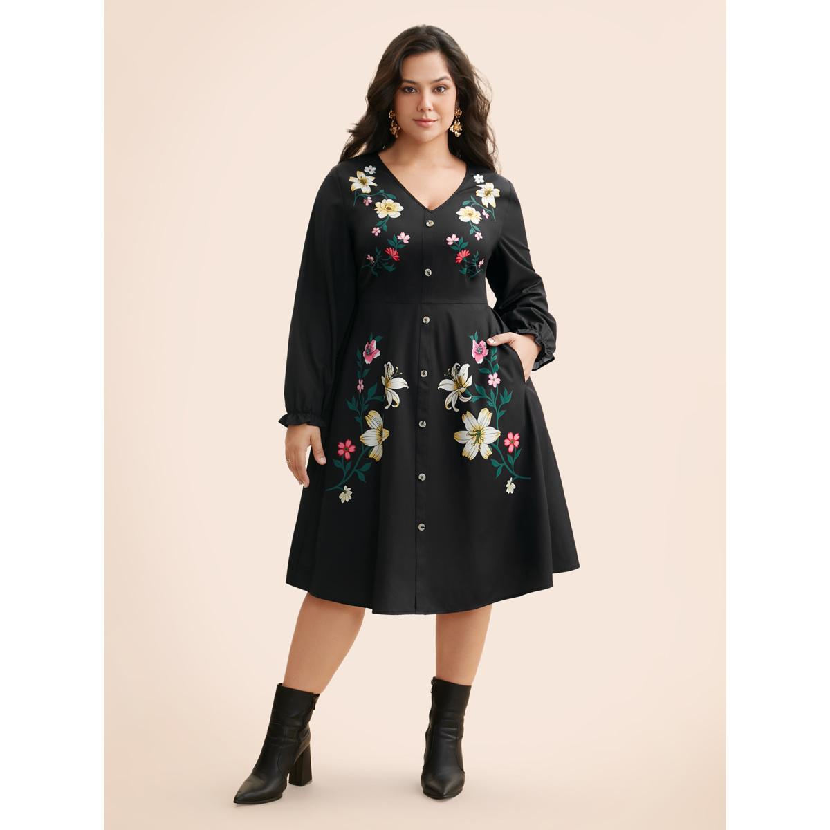 Plus Size V Neck Floral Button Detail Dress Black Women Elegant Button V-neck Long Sleeve Curvy BloomChic 18-20/2X Product Image
