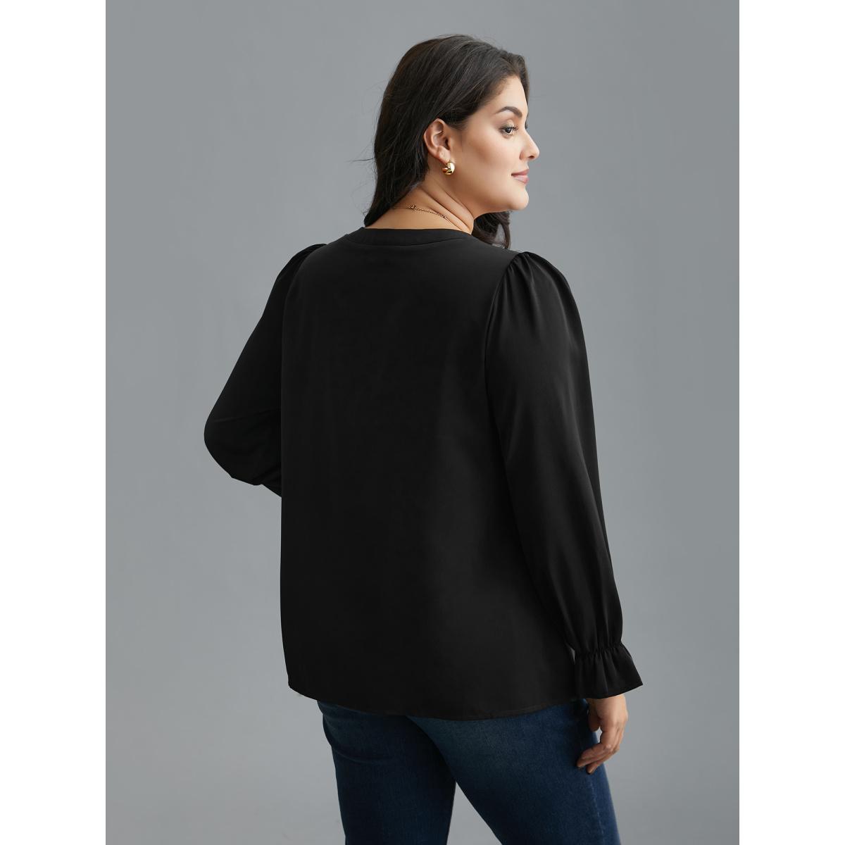 Plus Size Black Notched Collar Pleated Lantern Sleeve Blouse Women At the Office Long Sleeve Notched collar Work Blouses BloomChic 22-24/3X Product Image