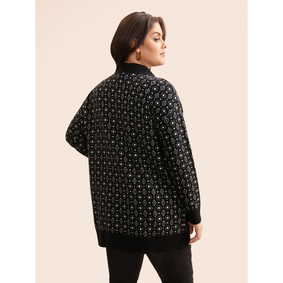 Plus Size Supersoft Essentials Geometric Jacquard Drop Shoulder Cardigan Black Women Casual Loose Long Sleeve Everyday Cardigans BloomChic 12/L Product Image