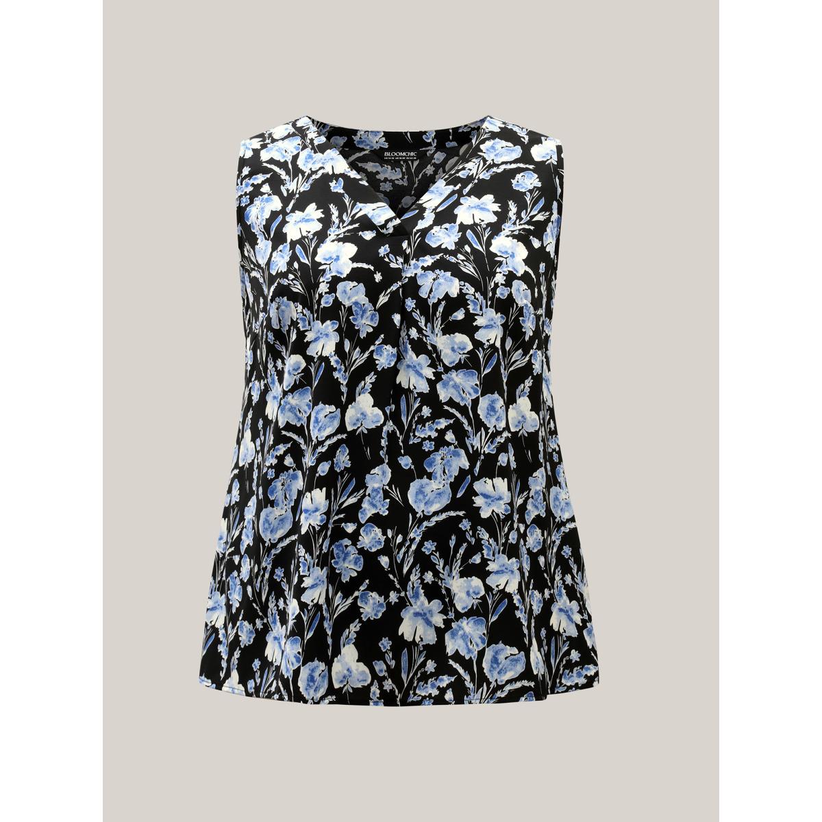Plus Size Floral Print Pleated Front Tank Top Women Black Contrast V-neck Everyday-Elegant Tank Tops Camis BloomChic 10/M Product Image