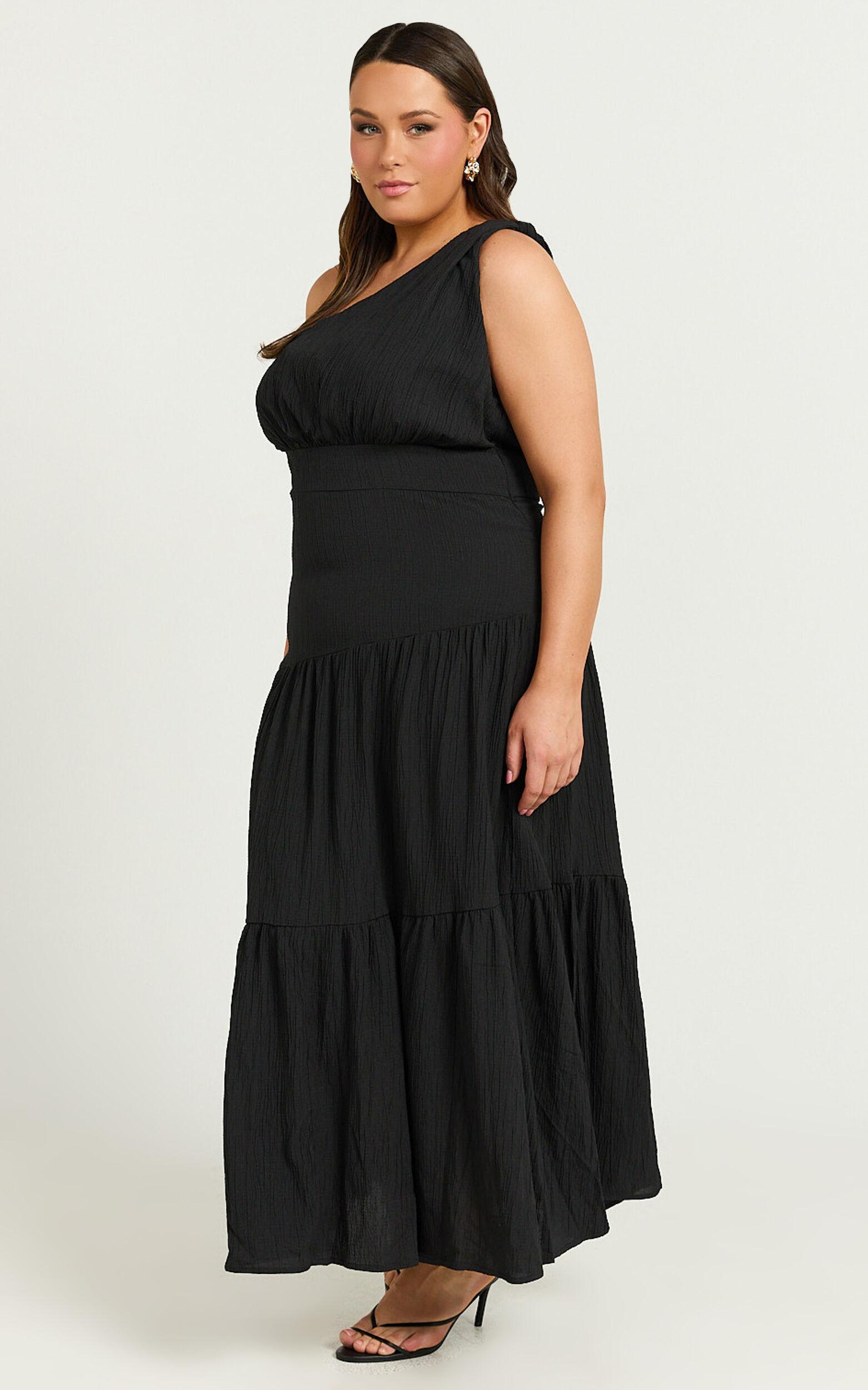 Celestia Midi Dress - Tiered One Shoulder Dress in Black Product Image