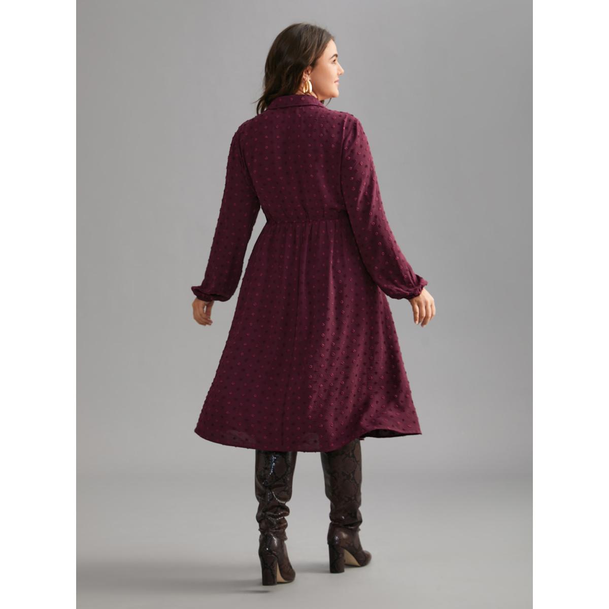 Plus Size Textured Shirt Collar Button Front Midi Dress Burgundy Women Elegant Texture Shirt collar Long Sleeve Curvy BloomChic 14-16/1X Product Image
