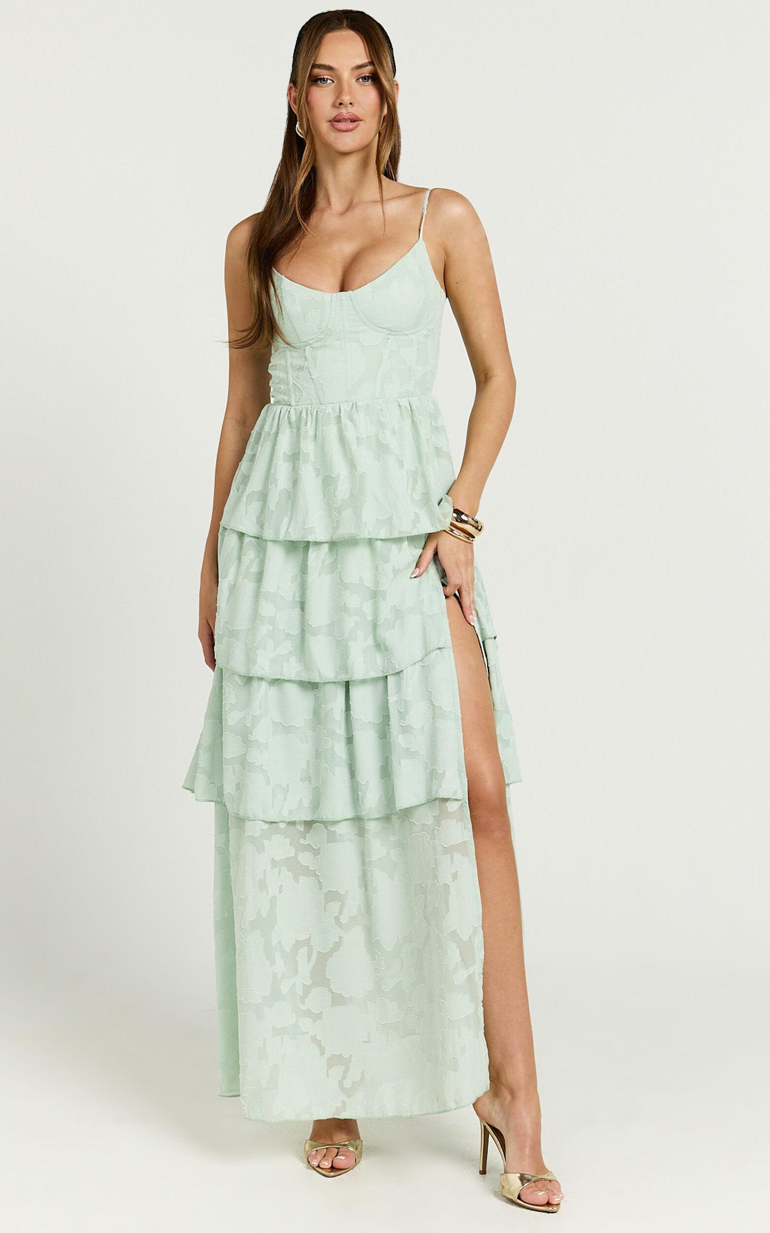 Janezkie Maxi Dress - Femme Tiered Jacquard Formal Dress in Mint Product Image