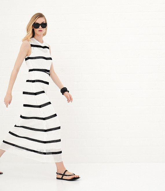 Le' AL.X Stripe Knit Crochet Crew Neck Sleeveless Shift Maxi Dress Product Image