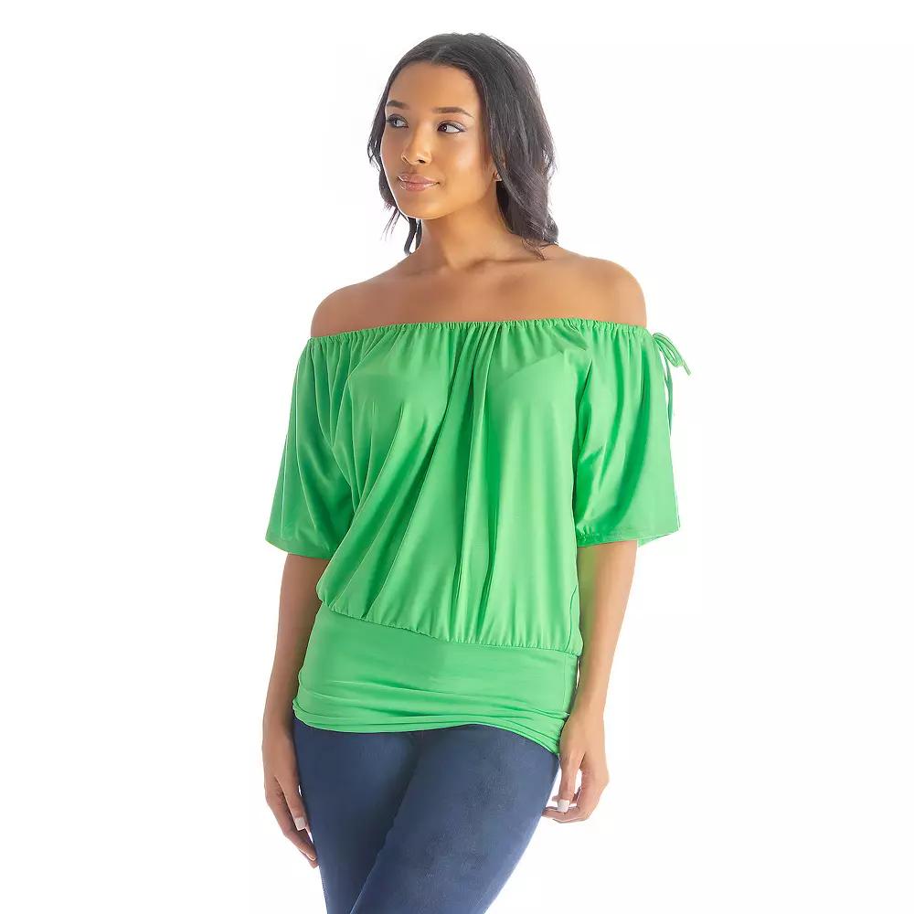 Women's 24Seven Comfort Apparel Solid Short Sleeve Split Shoulder Top,  Product Image