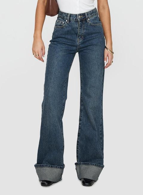 Florida Keys Mid Rise Straight Leg Cuffed Jeans Mid Blue Product Image
