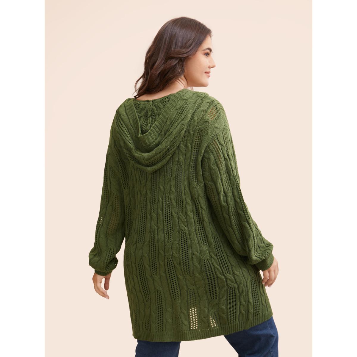Plus Size Hooded Cable Knit Open Front Cardigan ArmyGreen Women Casual Loose Long Sleeve Everyday Cardigans BloomChic 18-20/2X Product Image