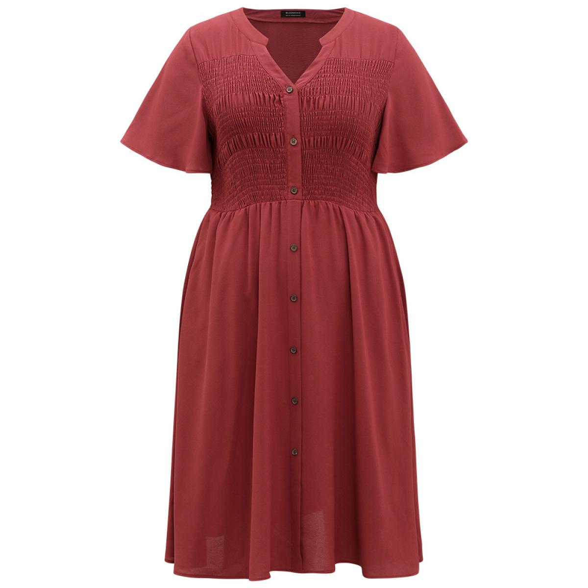 Plus Size Plain Notched Shirred Button Through Ruffle Sleeve Dress Rust Women Elegant Plain Notched collar Short sleeve Curvy Midi Dress BloomChic 10/M Product Image