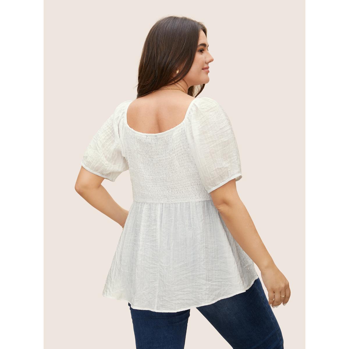 Plus Size Originalwhite Square Neck Shirred Button Detail Lantern Sleeve Blouse Women Elegant Short sleeve Square Neck Everyday Blouses BloomChic 12/L Product Image